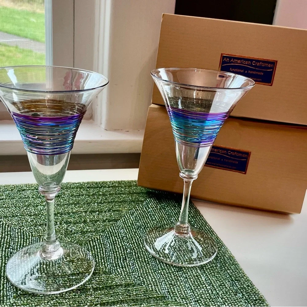 Venetian Wine Glass, Rainbow spun by An American Craftsman, MINH -Set of 2 NIB
